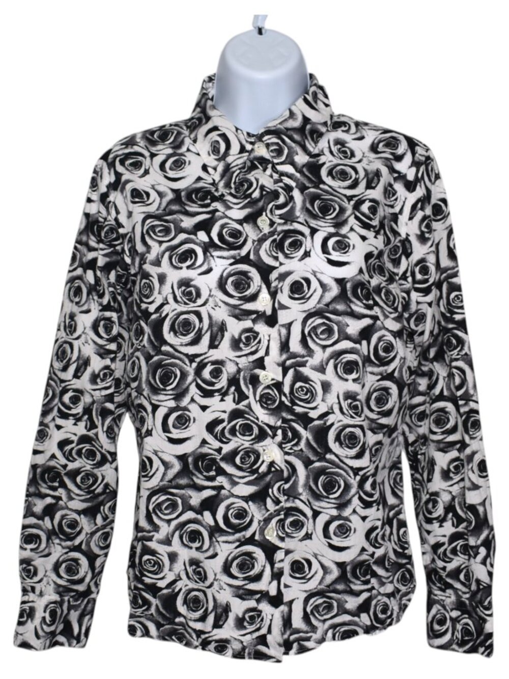 Vintage Agnès B. Black White Rose Print Blouse Made in France Cotton FR 40 M